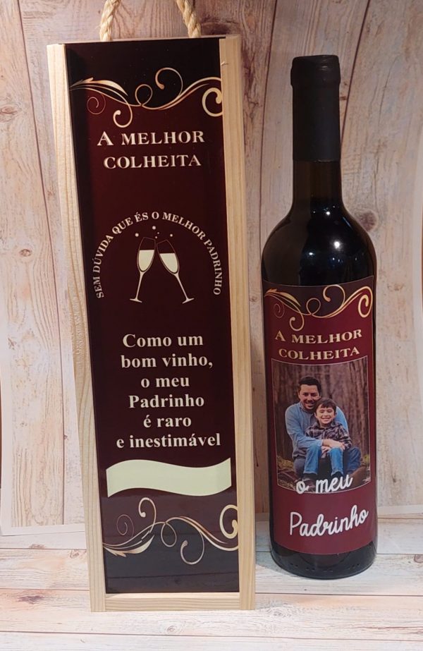 Conjunto garrafa e caixa de vinho personalizavel